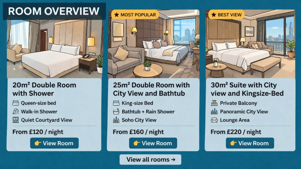 hotel room overview section with room categories, prices, features and clear comparison for booking decisions