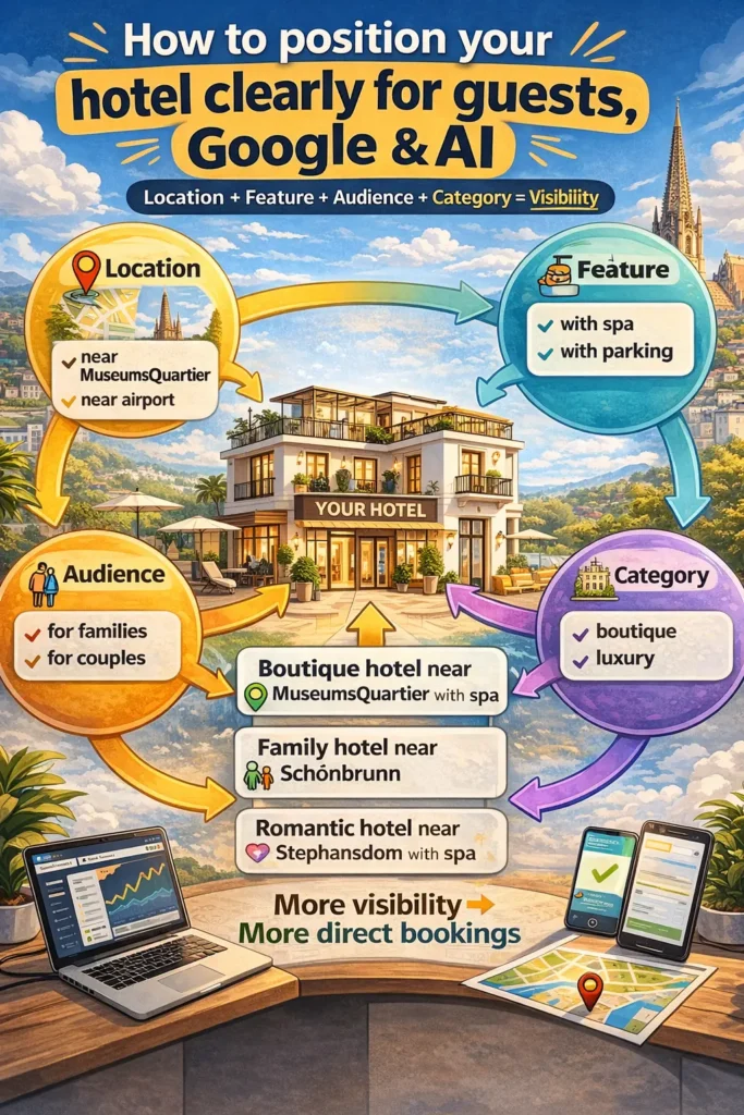 Hotel SEO and AI positioning framework showing how combining location, features, audience, and category creates specific search queries that lead to more visibility and direct bookings