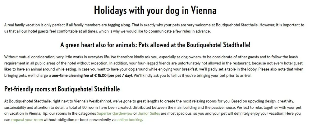 Hotel Stadthalle Vienna pet friendly hotel page targeting specific audience needs to improve search visibility beyond location