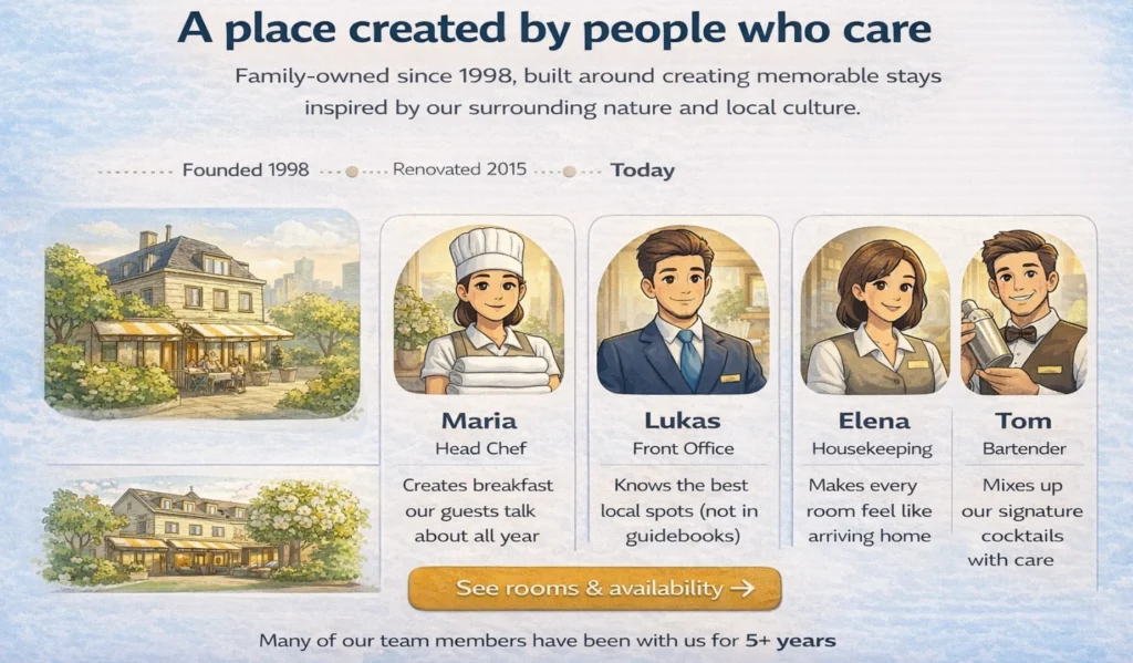 hotel team and story section showing staff members history timeline and personal connection of the hotel