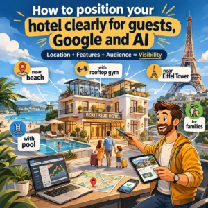 Illustration of a boutique hotel positioned for guests, Google, and AI search, showing location, features, and audience signals like hotel near landmark, with pool, and family-friendly amenities to increase visibility and direct bookings