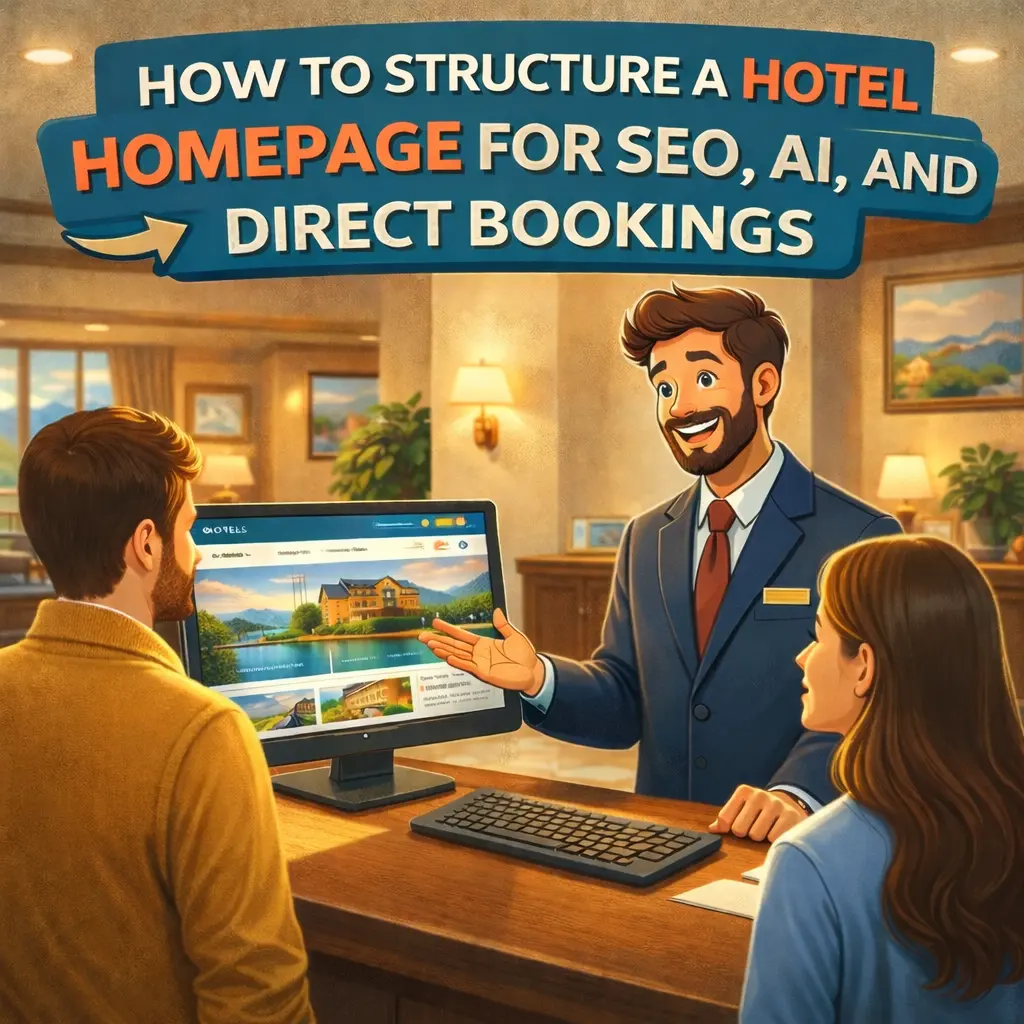 Illustration of hotel staff explaining a hotel website booking experience to guests, representing how to structure a hotel homepage for SEO, AI and direct bookings