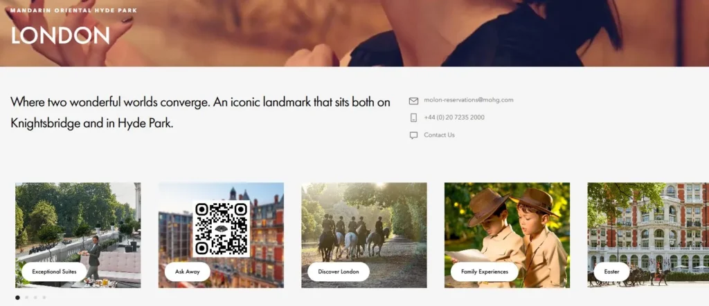 Mandarin Oriental Hyde Park homepage showing structured layout, luxury positioning and overview of experiences in London