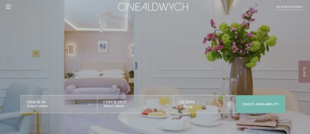 One Aldwych homepage highlighting family-focused positioning, booking form and experience-driven hotel presentation in Covent Garden