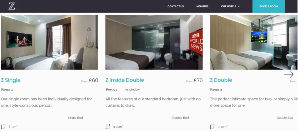 Z Hotel Soho homepage showing clear pricing, room overview and strong booking flow for a budget hotel in London