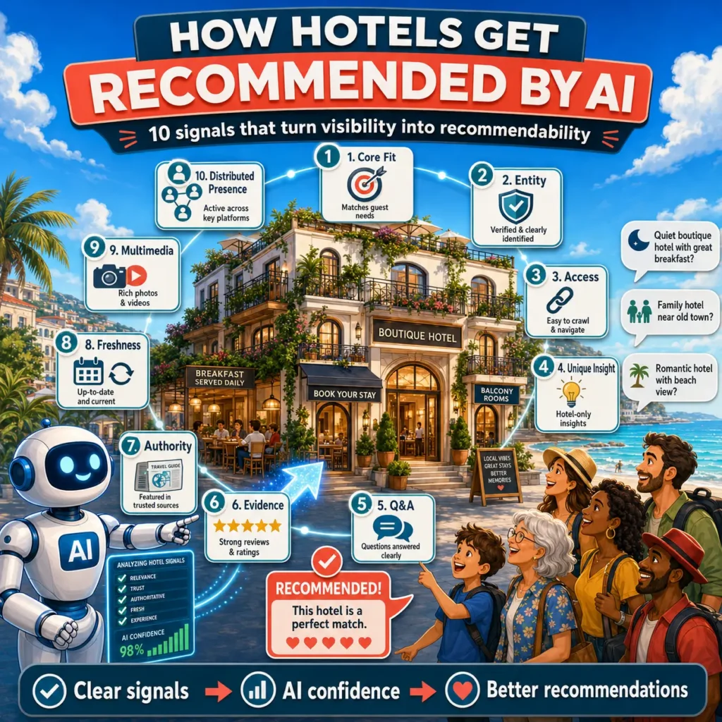 Infographic showing the AI recommendability framework for hotels with 10 signals around a boutique hotel, including core fit, entity, access, unique insight, Q&A, evidence, authority, freshness, multimedia, and distributed presence.