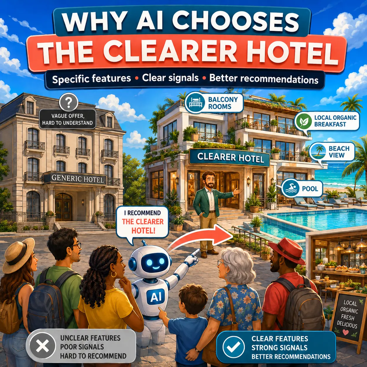 Illustration showing AI recommending a clearly positioned hotel with a pool, balcony rooms, beach view, and organic breakfast while ignoring a generic hotel with unclear offers.