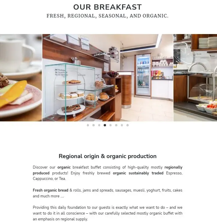 Boutique Hotel Spiess & Spiess breakfast page showing regional organic breakfast with fresh bread, coffee, fruit, cakes, and locally produced products in Vienna.