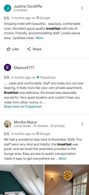 Guest reviews for Boutique Hotel Spiess & Spiess mentioning breakfast, spacious rooms, quiet location, helpful staff, and clean rooms in Vienna.