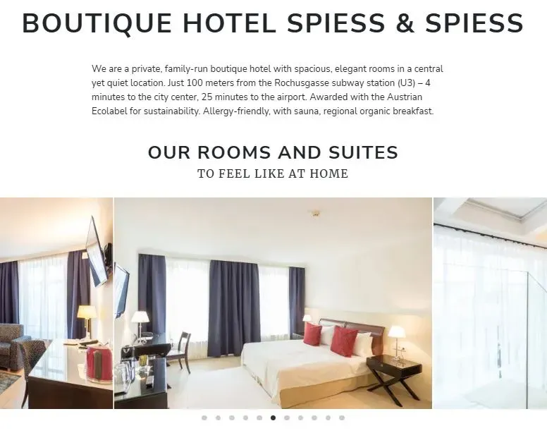 Boutique Hotel Spiess & Spiess website describing a private family-run boutique hotel in Vienna with spacious rooms, quiet location, and regional organic breakfast.