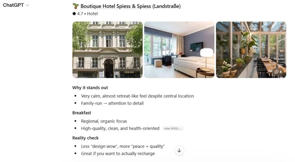 ChatGPT recommending Boutique Hotel Spiess & Spiess in Vienna as a calm boutique hotel with regional organic breakfast, personal service, and a peaceful atmosphere.