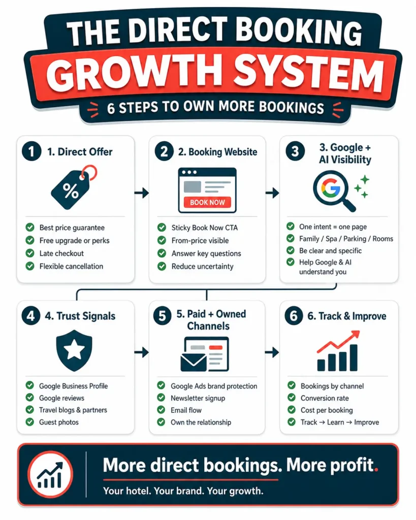 Clean infographic showing the six steps of the Direct Booking Growth System for hotels: direct offer, booking website, Google and AI visibility, trust signals, paid and owned channels, and tracking.