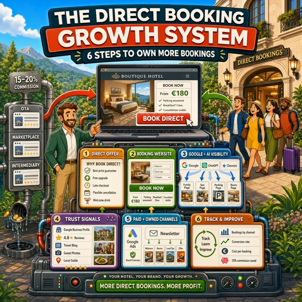 Illustration of the Direct Booking Growth System showing how hotels can shift bookings away from OTA commissions and toward their own website.