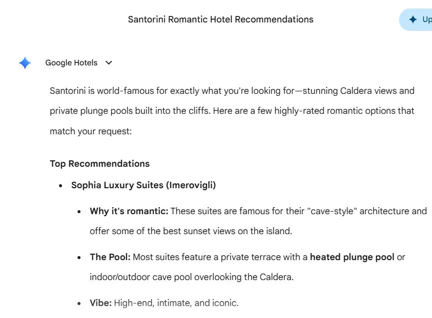 Gemini recommending Sophia Luxury Suites in Imerovigli for a romantic Santorini hotel with Caldera views, private terraces, and plunge pools.