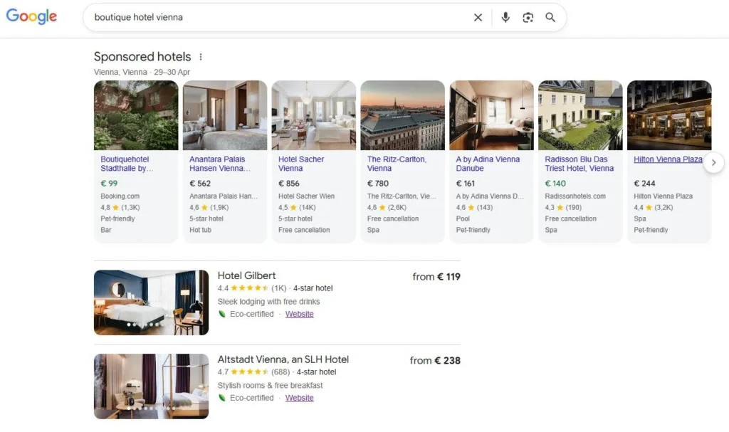 Screenshot of Google search results for boutique hotel Vienna showing hotel listings, sponsored results, prices, ratings and direct website links.