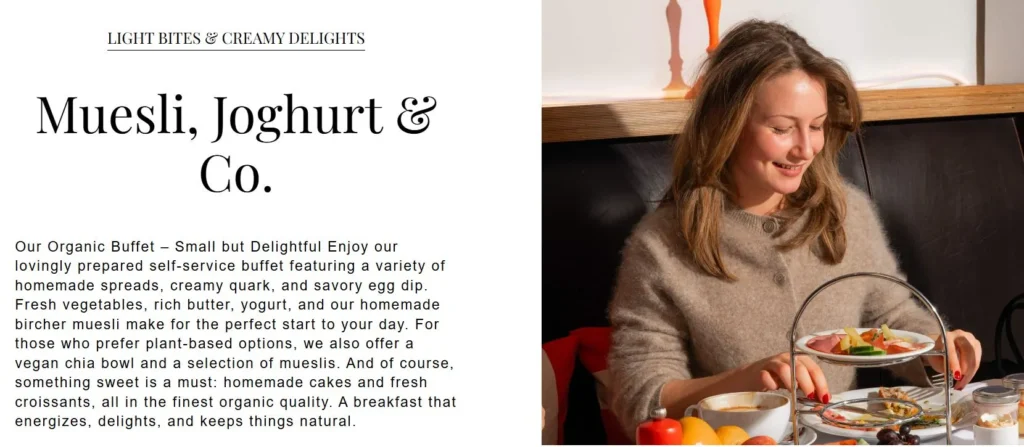Hotel breakfast page describing organic buffet items, homemade spreads and vegan options