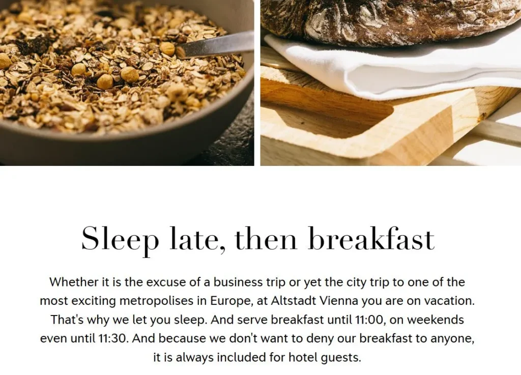 Hotel breakfast page explaining late breakfast hours and included breakfast for guests
