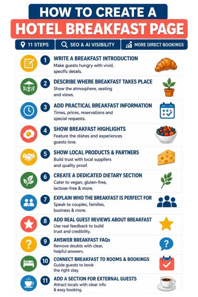 Visual guide showing the 11 sections every hotel breakfast page should include