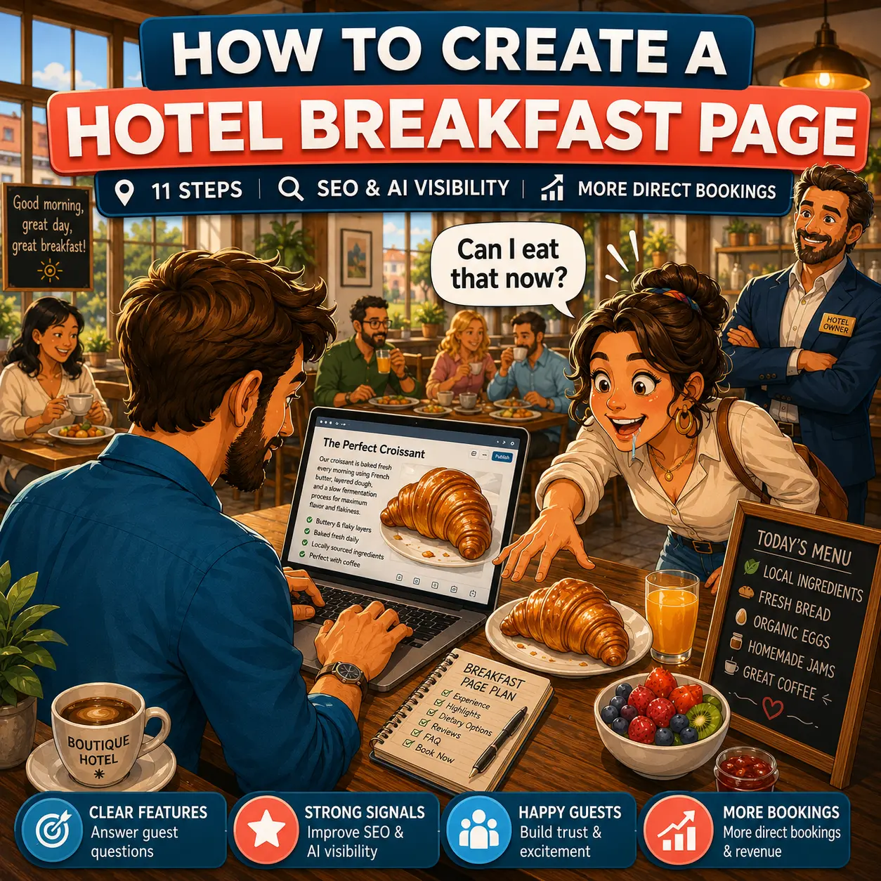 A great breakfast page turns real guest desire into useful content. The croissant in the image is funny, but the lesson is serious: describe breakfast clearly enough that guests can almost taste it before they book.