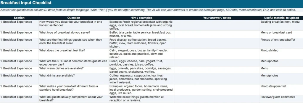 Breakfast input checklist spreadsheet for collecting hotel breakfast page content