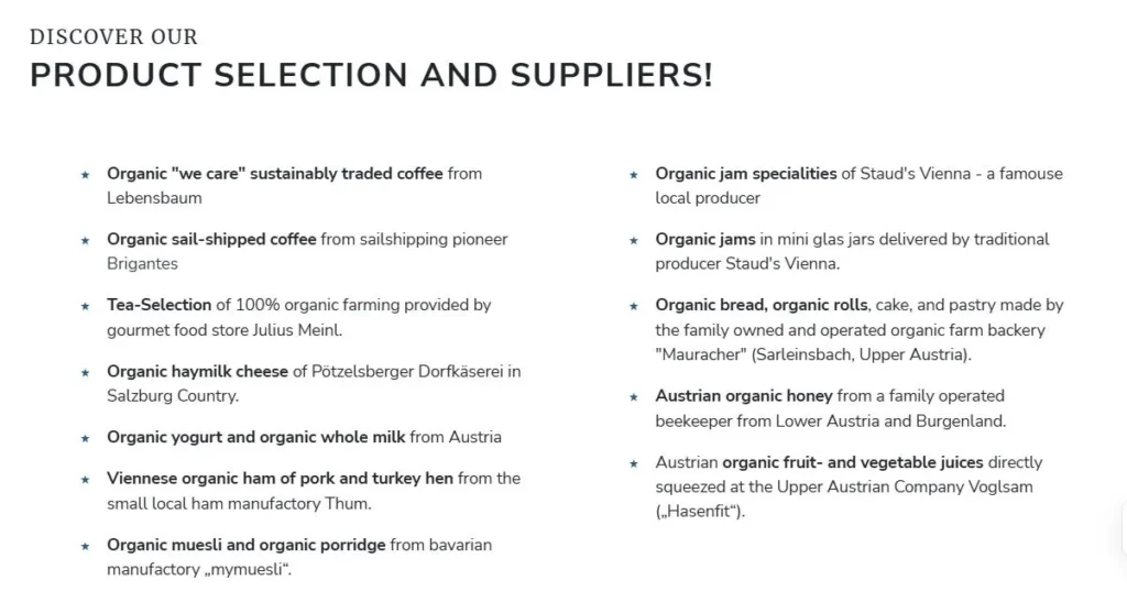 Hotel breakfast page listing organic coffee, bread, jam, honey and local suppliers