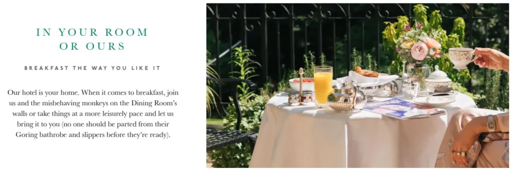Hotel breakfast page showing breakfast served in a garden or in the guest room
