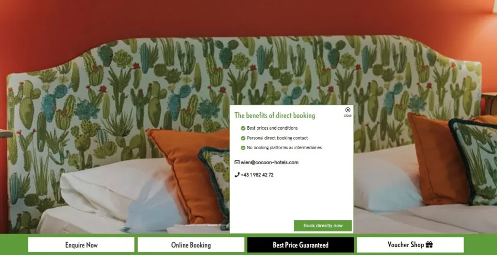 Screenshot of a hotel website showing direct booking benefits such as best prices, personal direct booking contact and no booking platforms as intermediaries.