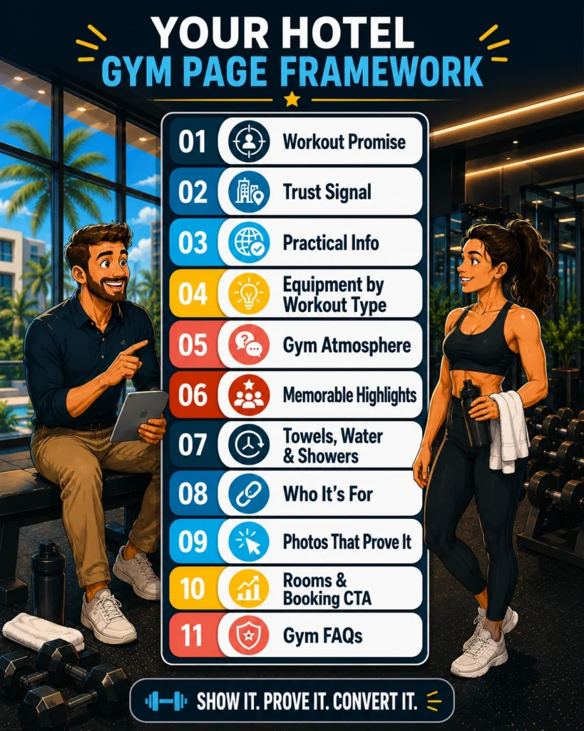 direct-bookings-framework.png Illustration of a hotel gym page framework showing how a dedicated gym page can help hotels get found on Google, build guest trust, and increase direct bookings.