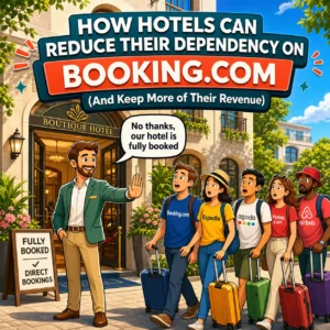Illustration of a hotel owner turning away OTA-driven demand from Booking.com, Expedia, Agoda, Hotels.com and Airbnb because the hotel is fully booked through direct bookings.