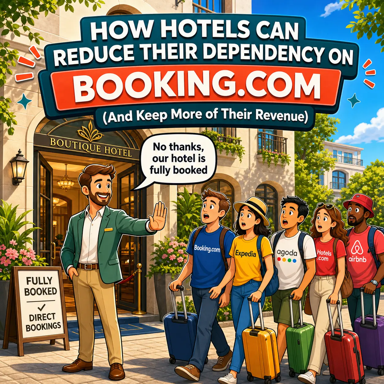 Illustration of a hotel owner turning away OTA-driven demand from Booking.com, Expedia, Agoda, Hotels.com and Airbnb because the hotel is fully booked through direct bookings.