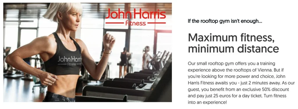 House of Ble hotel gym page showing partner gym discount for guests who need a larger fitness facility