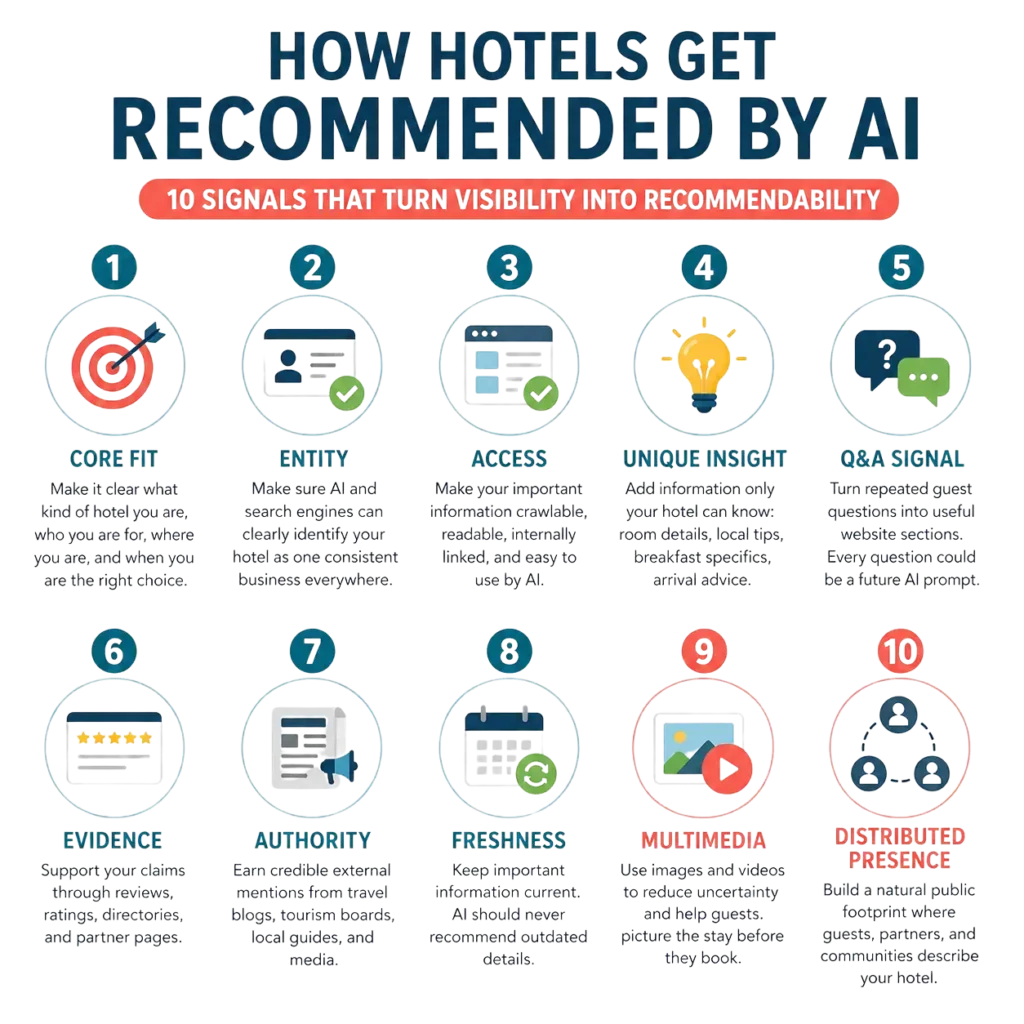Infographic showing the AI recommendability framework for hotels with 10 signals around a boutique hotel, including core fit, entity, access, unique insight, Q&A, evidence, authority, freshness, multimedia, and distributed presence.