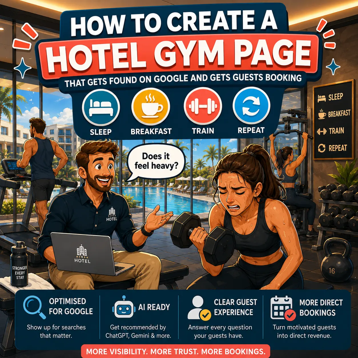 bookings.webp Illustration showing how to create a hotel gym page that gets found on Google and AI and increases direct bookings