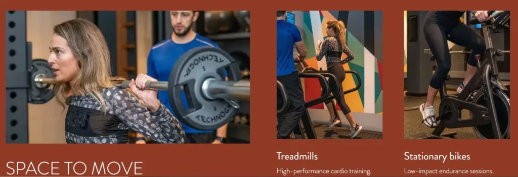 Middle Eight hotel gym page showing equipment categories including treadmills and stationary bikes