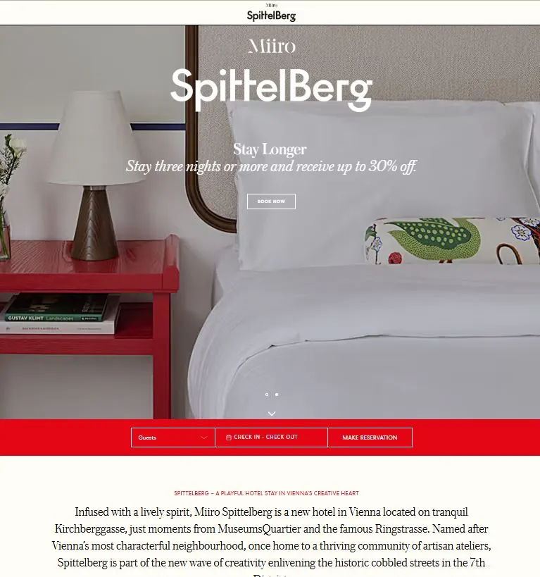 Screenshot of the Miiro Spittelberg hotel website showing neighborhood-focused positioning and a clear booking path for a Vienna boutique hotel.