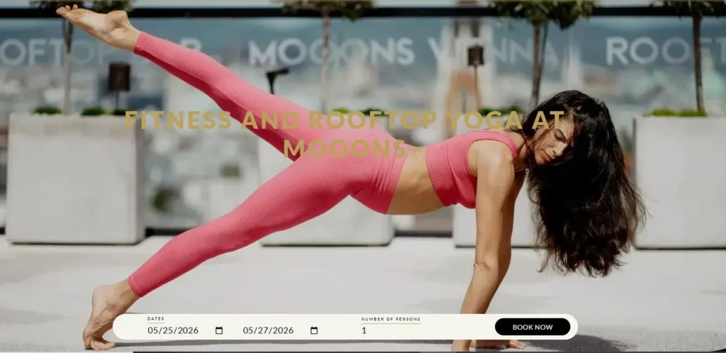 MOOONS Vienna fitness and rooftop yoga page showing a workout with rooftop atmosphere