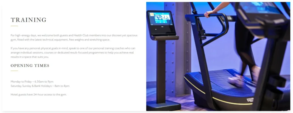 One Aldwych hotel gym page with training section, opening times and treadmill image