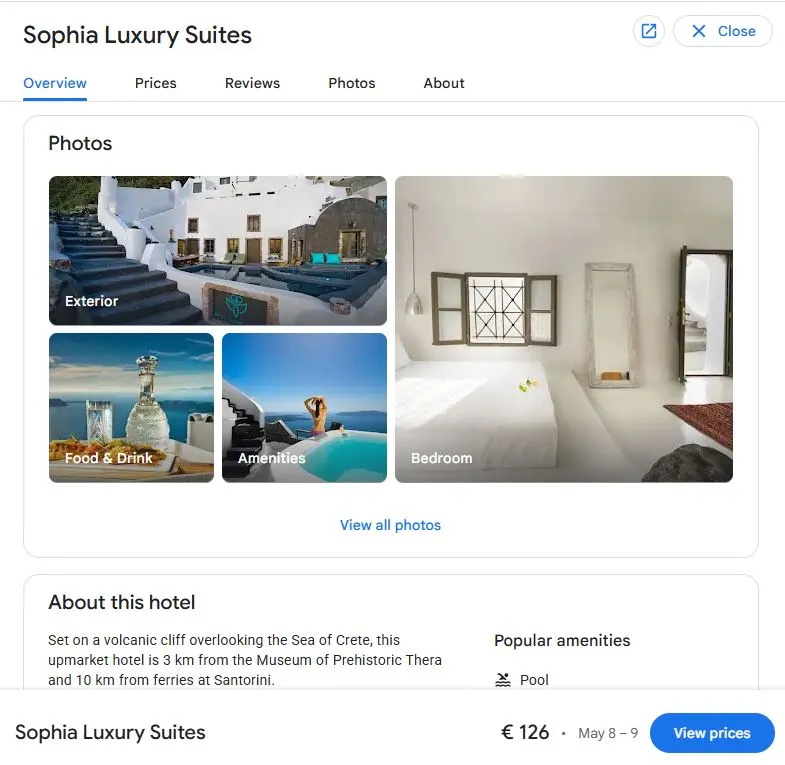 Google Hotels profile for Sophia Luxury Suites showing photos, amenities, location details, and booking information used in AI hotel recommendations.