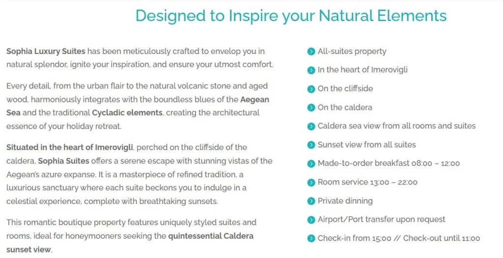 Sophia Luxury Suites website section describing the hotel as a romantic boutique property in Imerovigli with Caldera views, sunsets, and honeymoon suites.
