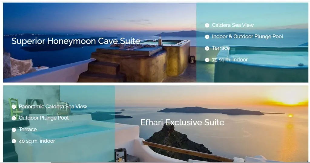 Sophia Luxury Suites room overview showing honeymoon suites with Caldera sea view, private terrace, and indoor or outdoor plunge pool in Santorini.