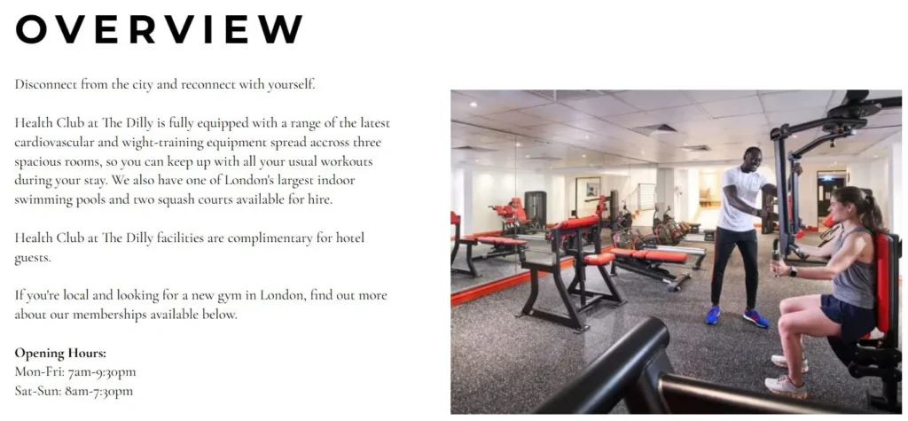 The Dilly Health Club page showing hotel gym equipment, personal training and opening hours