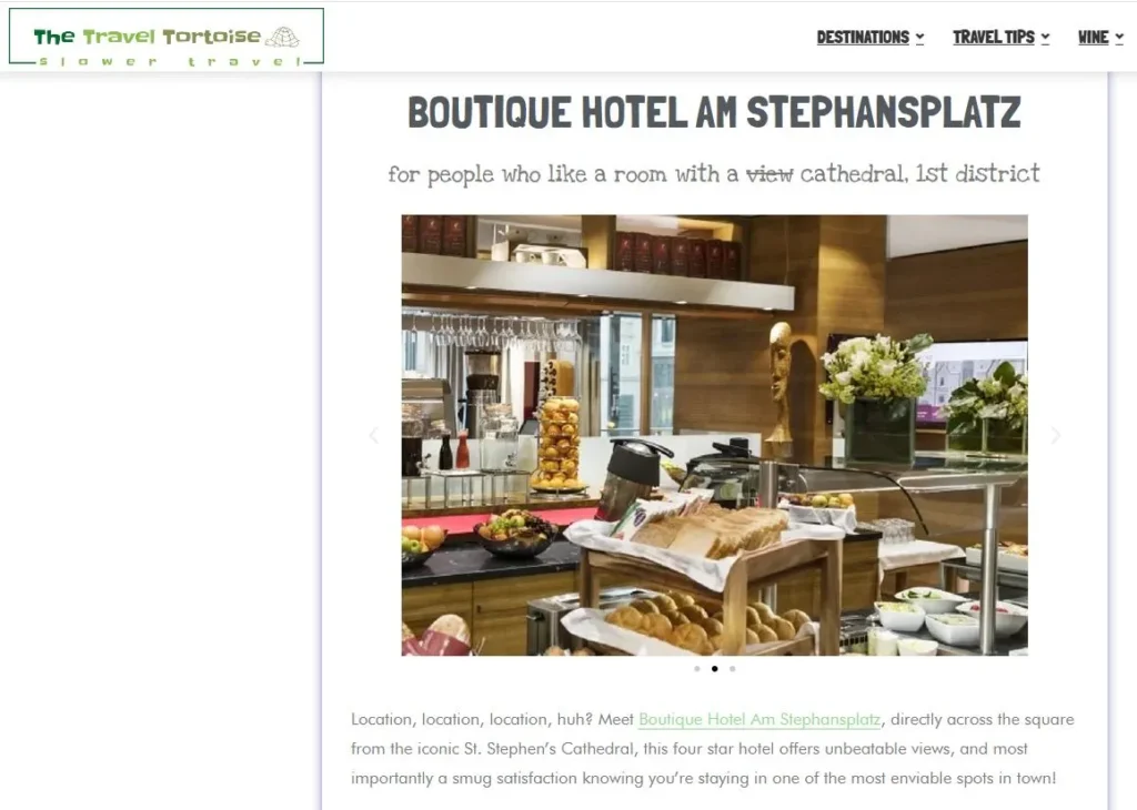 Screenshot of The Travel Tortoise article featuring Boutique Hotel am Stephansplatz as an example of borrowed visibility for boutique hotels in Vienna.