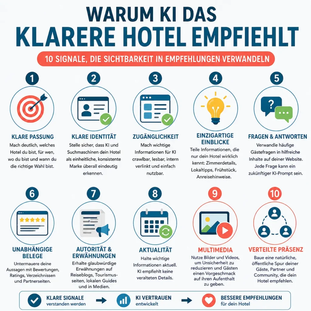 Infografik mit 10 Signalen, die Hotels dabei helfen, von KI empfohlen zu werden, darunter klare Passung, Identität, Zugänglichkeit, einzigartige Einblicke, Fragen und Antworten, unabhängige Belege, Autorität, Aktualität, Multimedia und verteilte Präsenz.