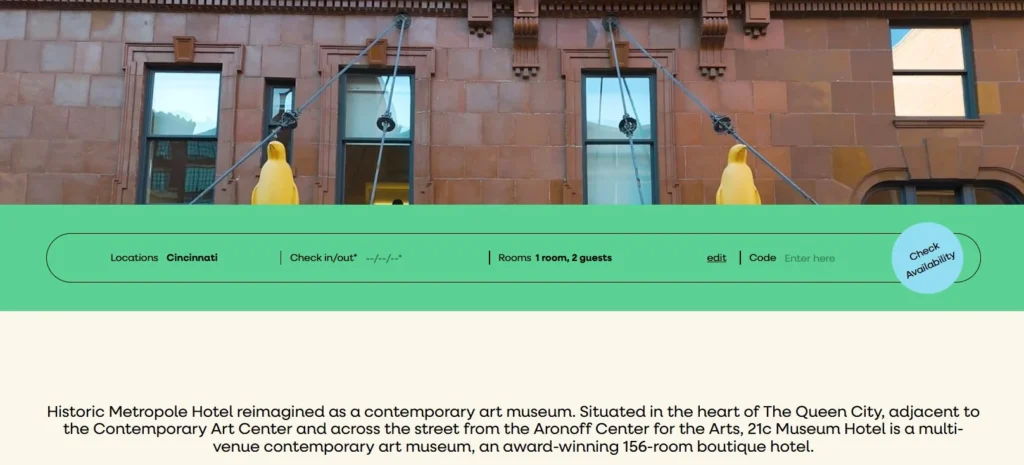 21c Museum Hotel website showing its positioning as a contemporary art museum and boutique hotel.