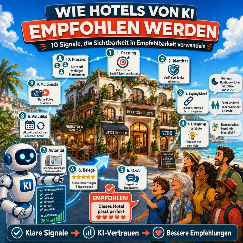 Infografik zum AI-Recommendability-Framework für Hotels mit 10 Signalen rund um ein Boutiquehotel, darunter Core Fit, Identität, Zugänglichkeit, einzigartige Einblicke, Q&A, Belege, Autorität, Aktualität, Multimedia und verteilte Präsenz.