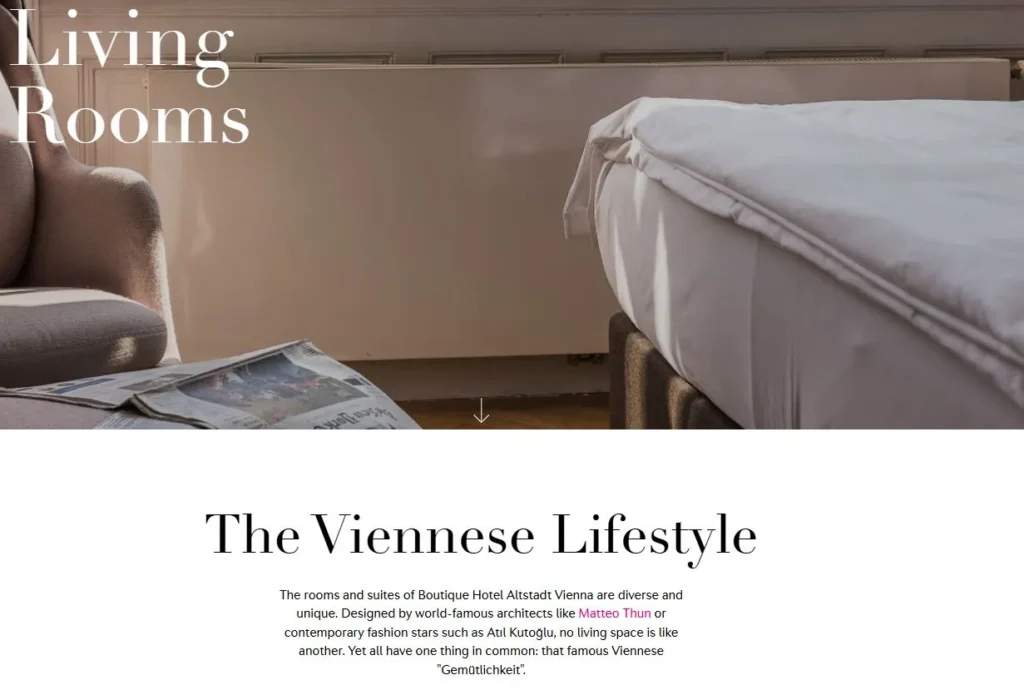 Altstadt Vienna room page presenting the Viennese lifestyle through boutique hotel rooms.