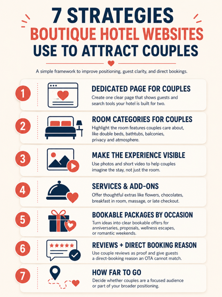 7-strategy framework showing how boutique hotel websites can attract couples with dedicated pages, room categories, visuals, add-ons, packages, reviews and positioning.