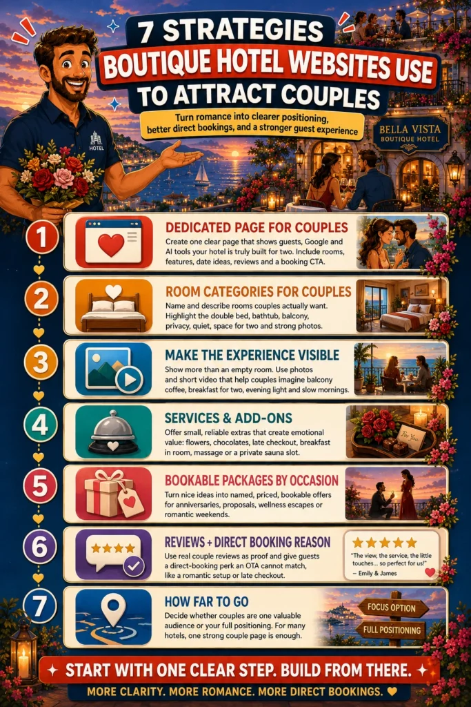Visual framework showing 7 strategies boutique hotel websites can use to attract couples and win more direct bookings.