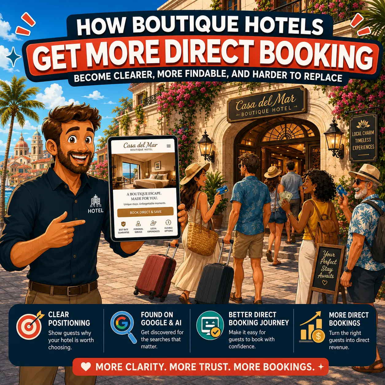 Illustrated square graphic showing a boutique hotel website helping guests book directly, with the headline “How Boutique Hotels Get More Direct Bookings” and key benefits like clear positioning, Google and AI visibility, a better booking journey, and more direct revenue.