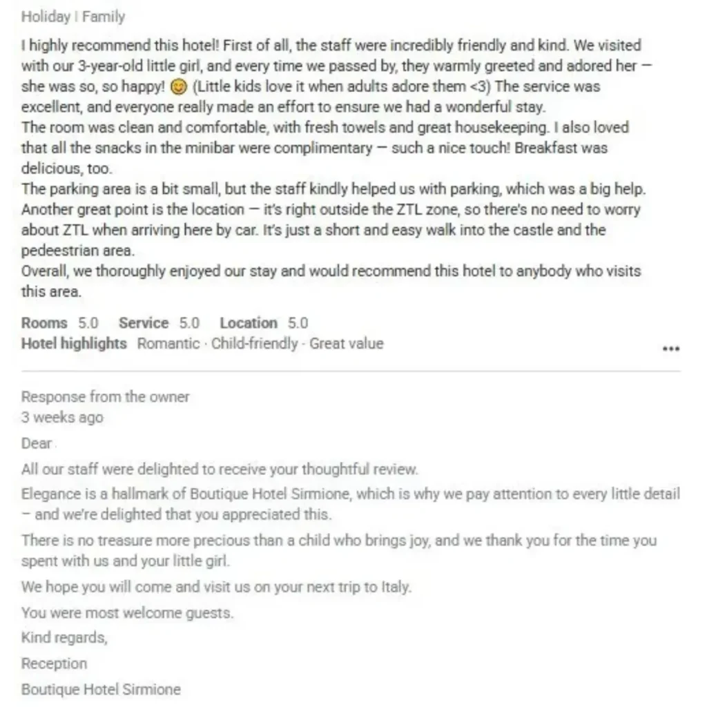 Guest review for Boutique Hotel Sirmione mentioning friendly staff, parking help, welcome drinks, snacks and personal service.